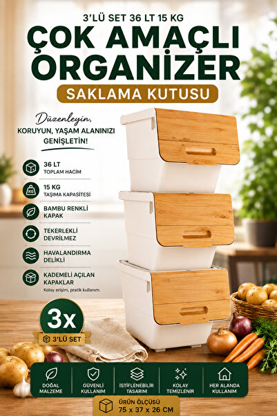 nextbuy 36 LT Bambu Renk Organizer Çok Amaçlı Kutu Tekerlekli Patates Sebze S...