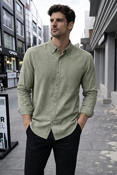 EMPEROR APPAREL Erkek Haki Uzun Kollu Yaka Düğmeli Flam Keten Gömlek