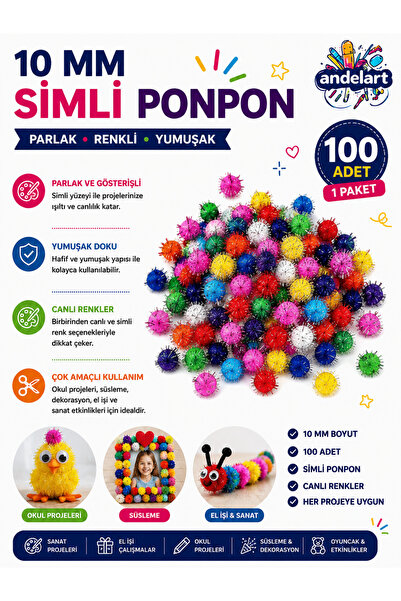 andelart Simli Ponpon 10 mm 100 Lü 1 Paket Karışık Renk Pon Pon