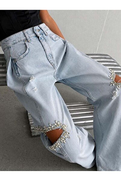 HerTon Pantaloni de damă din denim cu picior larg, cu detalii rupte și broder...
