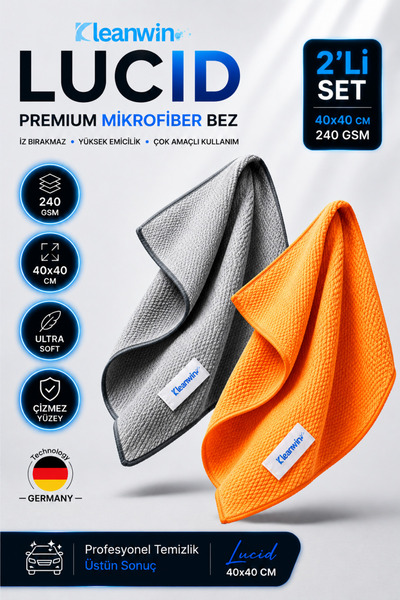 Kleanwin 2’li 40x40Cm Lucid Mikrofiber Araba Cam Bezi Seti – Gri ve Turuncu, ...