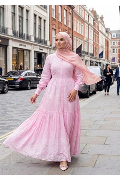 Muslima Wear Rose Dream Inci Düğmeli Pembe Gül Desenli Kadın Elbisesi