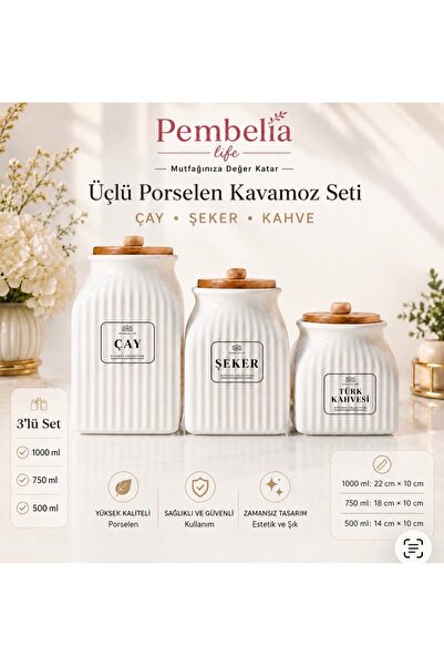 Kitchen Pembelia طقم تخزين وعاء قهوة تركي من البورسلين بحجم 3 مع غطاء من الخي...