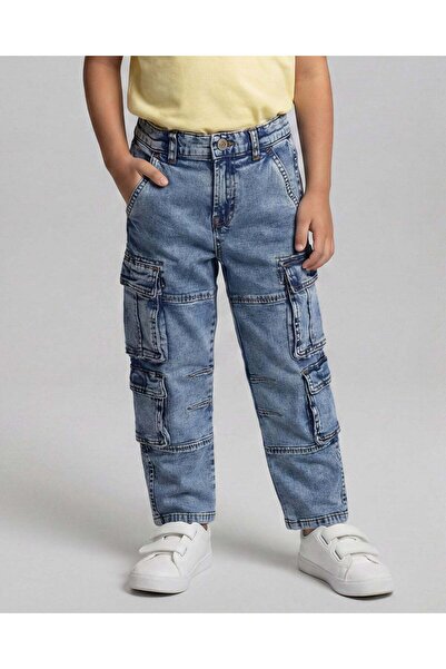 REDTAG Boys Light Wash Utility Cargo Jeans