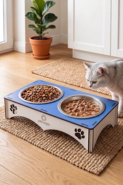 Pet Magic 2'li Mama Kabı, Ahşap Çelik Kaseli Kedi Mama Kabı, Ahşap Standlı, M...
