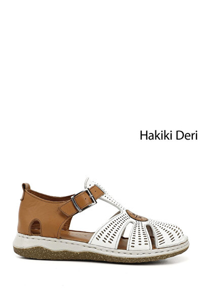 GÖNDERİ(R) Women's White Wedge Heel Genuine Leather Sandals