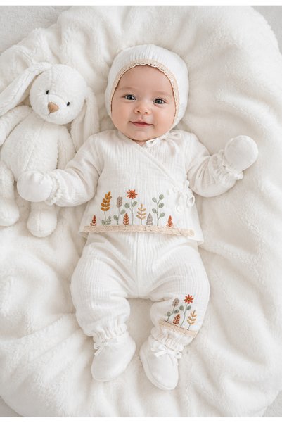 BYS BABY FASHION Transitional Flower Embroidered Newborn Baby Girl Muslin 10-Piece Hospital Discharge Set/Birth Gift