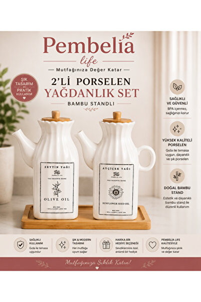 Pembelia Life Bambu Standlı 2'li Etiketli Kare Porselen 1000ml Yağdanlık Set ...