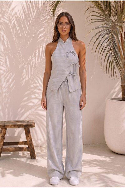 HerTon Set de pantaloni cu guler halter și dungi pentru femei – Set elegant d...