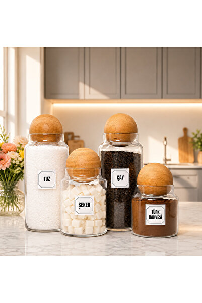 mafa home Wooden Ball Lid Glass Salt Tea Turkish Coffee Sugar Storage Jar Set...
