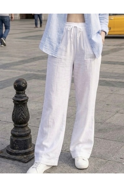 Butik Una Fiaba, široke ženske pantalone od viskoze u beloj boji sa elastični...