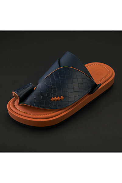 Razzah Classic Design Snake Patterned Leather Arab Slipper - Navy and Camel