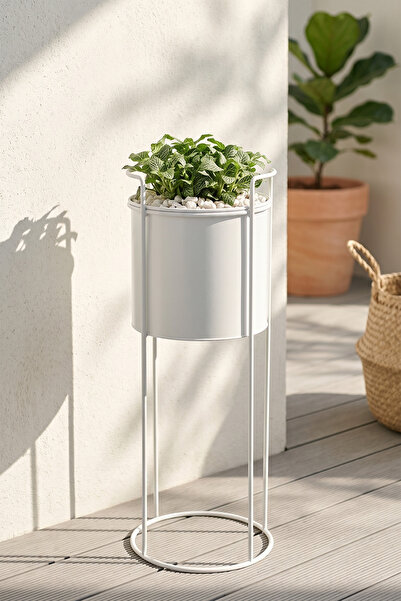 Desen Dekorasyon Ayaklı Metal Silindir Çiçek ve Saksı Standı 65 cm - Beyaz Or...