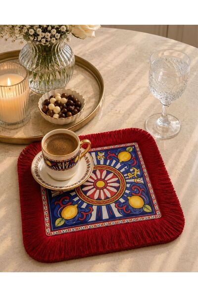 Karam Home Akdeniz Limon Desenli Kırmızı Püsküllü Kahve Sunum Peçetesi