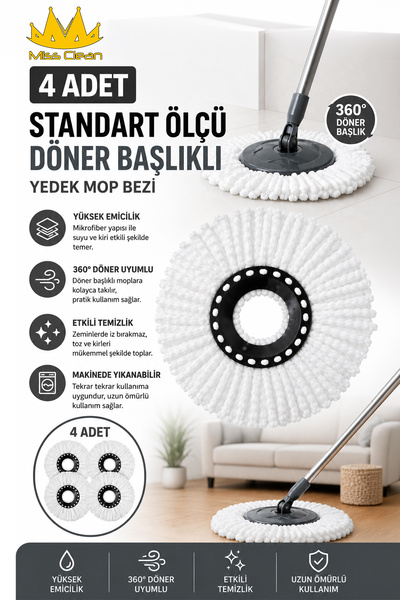 Miss Clean ( 4 Adet ) Standart Ölçü Döner Başlıklı Yedek Mop Bezi