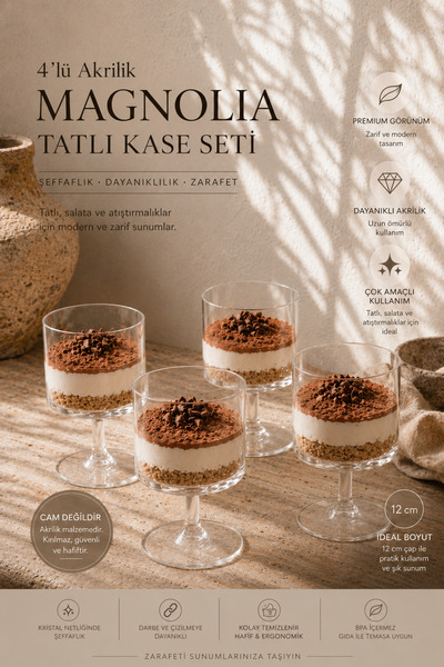 Anadolu Saray 4'lü Akrilik Düz Ayaklı Magnolia Tatlı Magnolia Kase 12cm Dayan...