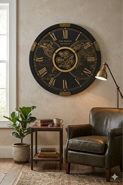 MARS CONCEPT Vintage Dünya Haritalı Dekoratif Duvar Saati 80 CM – Hareketli Ç...