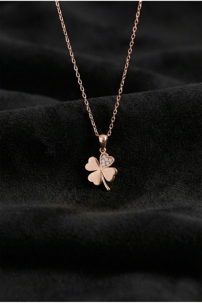 Roza Silver 925 Ayar Zirkon Taşlı Rose Dört Yapraklı Yonca Gümüş Kolye