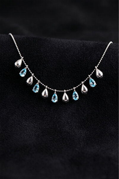 Roza Silver 925 Ayar Akuamarin Taşlı Rodyum Shakira Mix Damla Gümüş Kolye