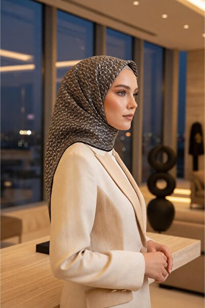 Vissona %100 Twill İpek Çizgi Desenli Krem - Siyah Renkli 90x90 Eşarp Dikim Ş...
