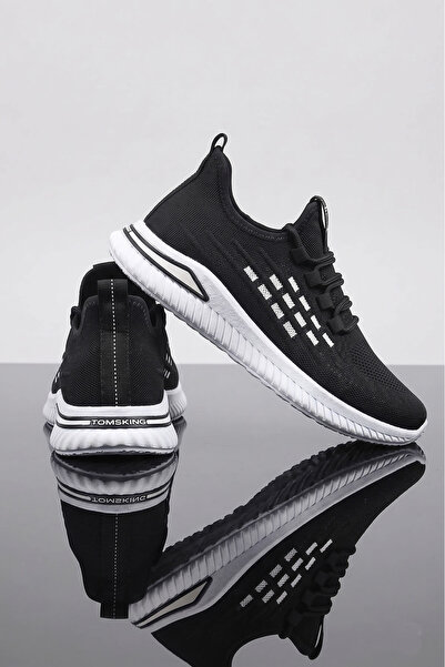 Tomsking Erkek Triko Siyah Beyaz Günlük Rahat Hafif Esnek Yürüyüş Sneaker Spor Ayakkabı