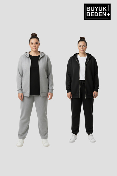 Süperlife Women's Plus Size Zippered Hooded 3-Piece Set Thin Sweatshirt Cardi...