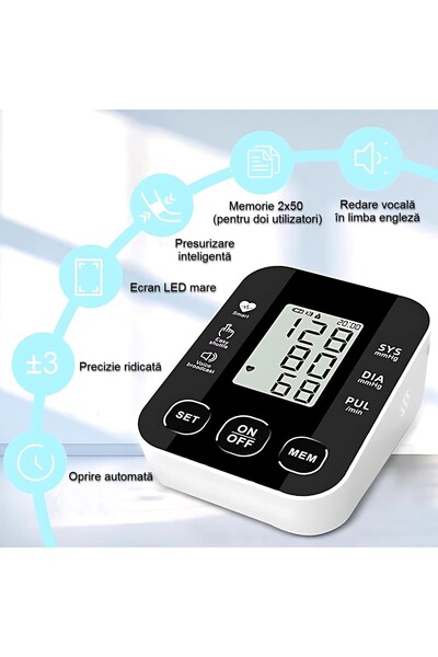 OEM MILARIS ® Tensiometru de braț, LCD mare, Voce în limba engleză, Alimentare dublă, Memorie dublă, Precis, Manșetă reglabilă, Alb