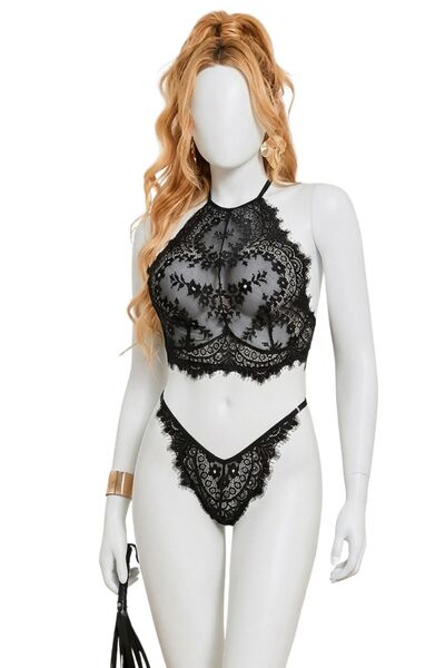 Lingerie and Fashion Style Black floral eyelash lace lingerie set