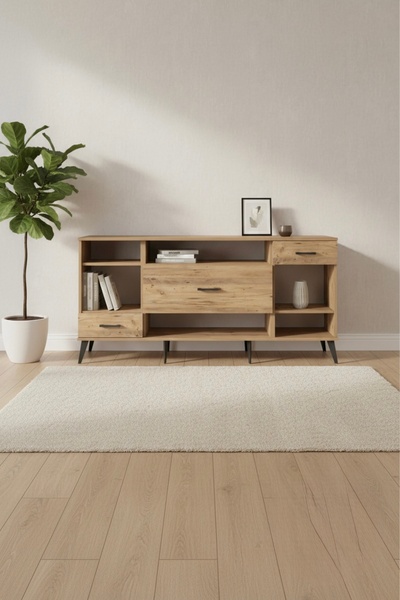 Silva 4 Raflı 3 Çekmeceli Konsol 176 cm - Atlas Çam Şıklığı - Büfe - Gümüşlük - Ofis Dolabı - Salon - Antre - Dekorasyon - Depolama - Büro
