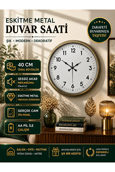 KOLAYEV 40 Cm Eskitme Metal Duvar Saati Sessiz Mekanizma Dekoratif Modern Sal...