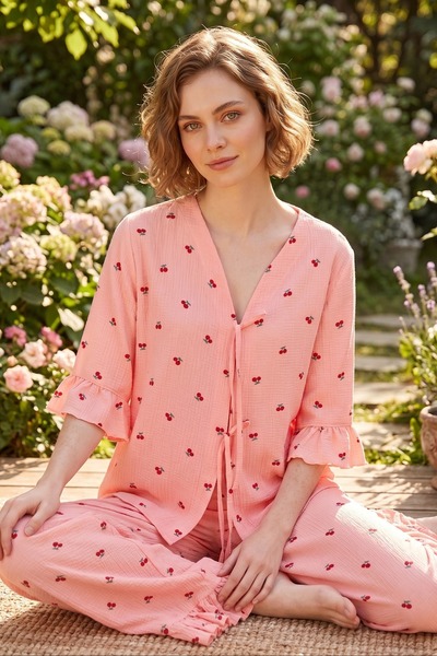 ELİTOL Bürümcük Örme Bağlamalı Kadın Sabahlık Pijama Takımı