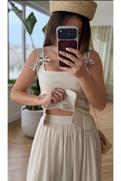 LOKADI Bluză bej cu guler pătrat, tip peplum, din in, cu corset - Cu volane l...