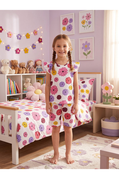 Pajama Shop Devojčice, pamučna letnja tanka tkanina, cvetni uzorak, kratki ru...