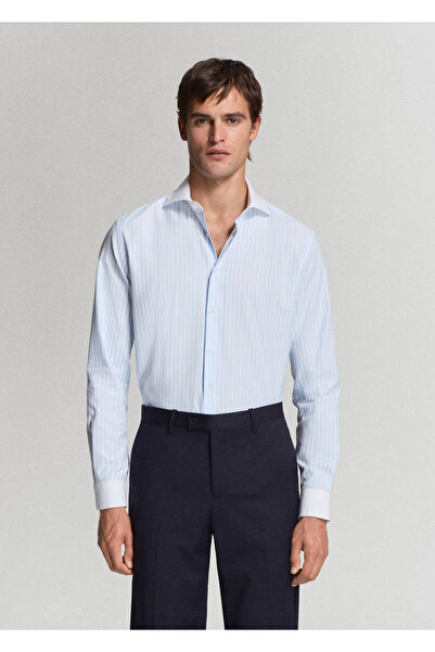 MANGO Man %100 pamuklu çizgili slim fit kumaş gömlek