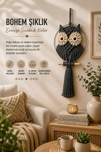 Yuvika El Yapımı Makrome Baykuş Duvar Süsü Dekoratif Bohem Ev Balkon Salon Od...