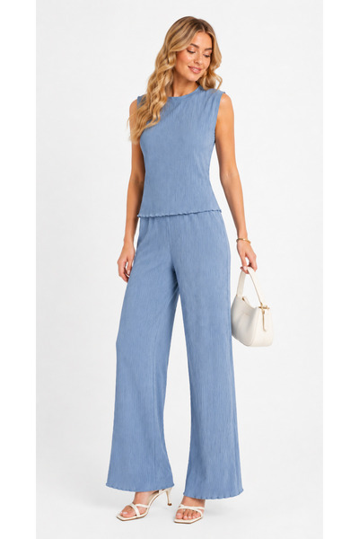 rindahomewear Bürümcük Fabric Blue Low Sleeve Pajama Set