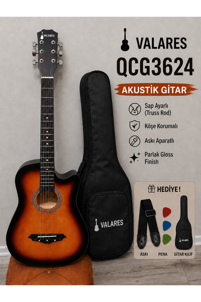 valares 38c Kesik Kasa Sap Ayarlı Akustik Gitar 38 inç Full Aksesuar Hediyeli...