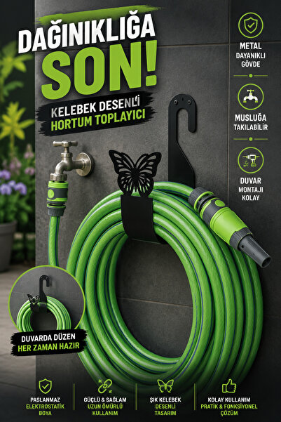 VENON Siyah KELEBEK Metal Duvar Tipi Hortum Askılığı - Bahçe Hortumu Tutucu K...