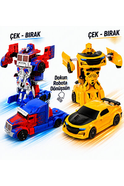 Realx Oyuncak Çek Bırak Çarpışan Robota Dönüşen 2'li Transformers Arabalar