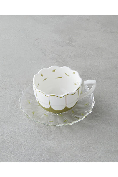 English Home Purepetal New Bone China 4 Parça 2 Kişilik Cam Tabaklı Kahve Fincan Takımı 80 ml Yeşil