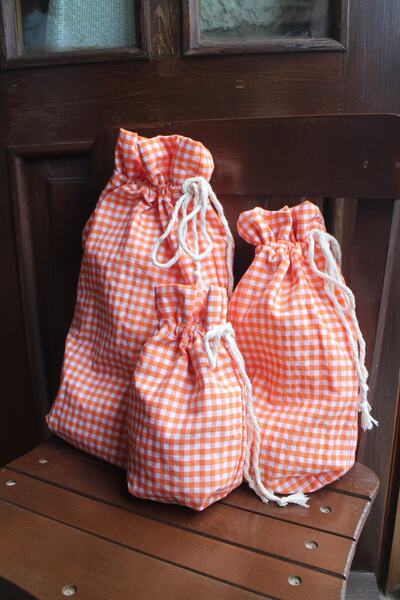 Sumicorn Design Orange Gingham Ecological Cloth Pouch, Eco-Friendly Cloth Pouch, Drawstring Cloth Bag, Organizer Pouch (Set of 3)