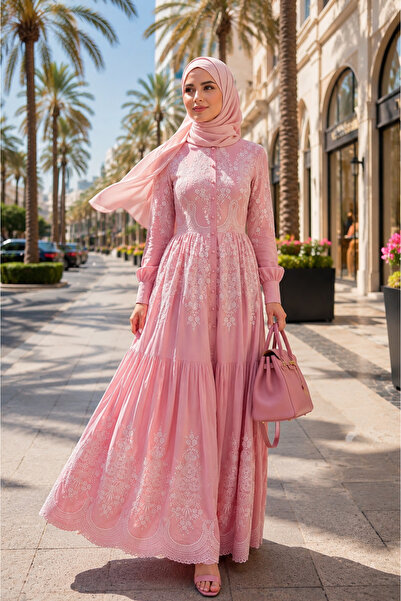 Muslima Wear فستان نسائي من Rose Dream مزين بأزرار وردة وردية اللون