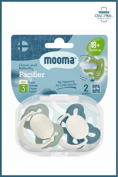 MOOMA Clown & Butterfly Silikon Emzik 2’li No:3 (18 Ay+) Ball Blue & River Gr...