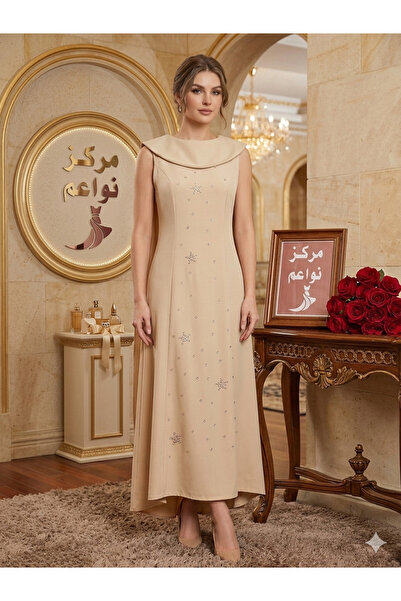 NAWAEIM Barbie Elegant Beige Crystal Embellished Maxi Dress with Long Shawl f...