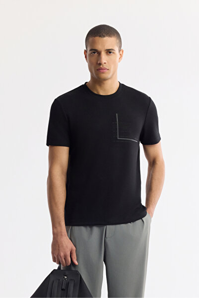Avva Tricou negru pentru bărbați, cu decolteu rotund, imprimat, bi-stretch, i...