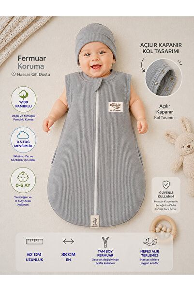 Tomuycuk Gri Unisex Bebek Uyku Tulumu %100 Pamuklu 0-6 Ay Fermuarlı Çıtçıtlı ...