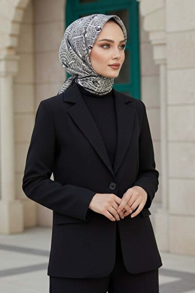 Vissona 100% Twill Silk Geometric Patterned Black - White Colored 90X90 Scarf...