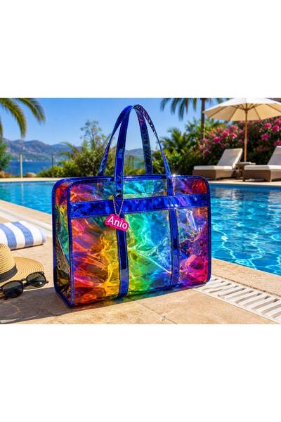 Premium Clear Blue Mirror Leather Rainbow Beach Bag