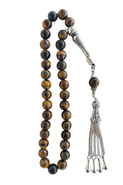 oftenadmire Natural Stone Tiger's Eye Prayer Beads, 33 Beads Silver Color 4-P...