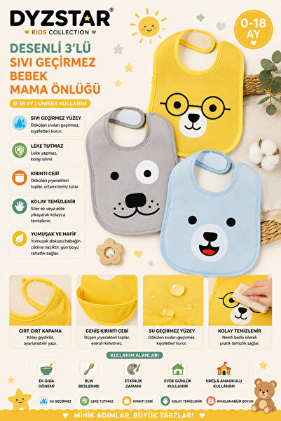 DYZSTAR Patterned 3-Piece Liquid-Proof Baby Feeding Bib 0-18 Months – Soft Te...